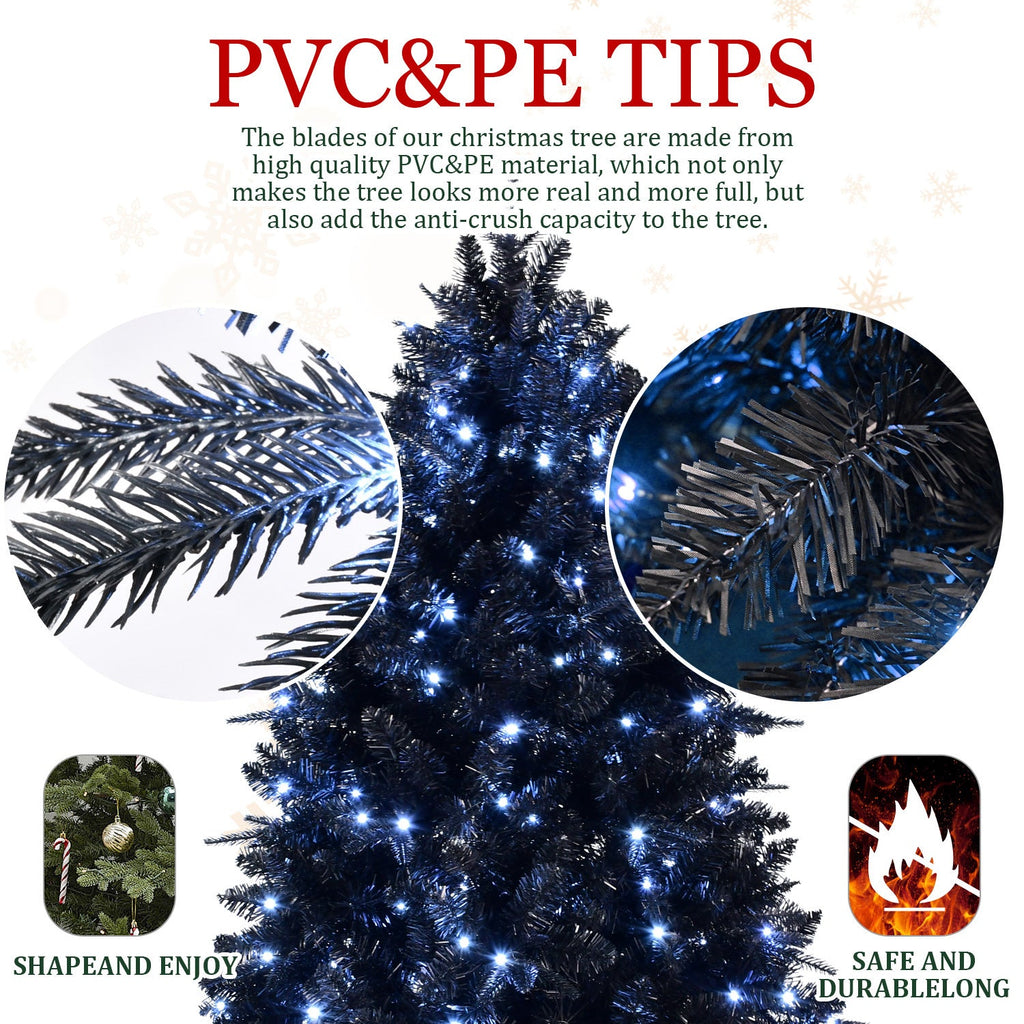 7.5ft Black Christmas Tree with 500 White LED Lights, 2156 Tips PE+PVC
