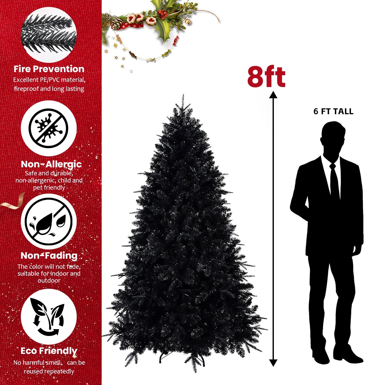 7.5ft Black Christmas Tree with 500 White LED Lights, 2156 Tips PE+PVC