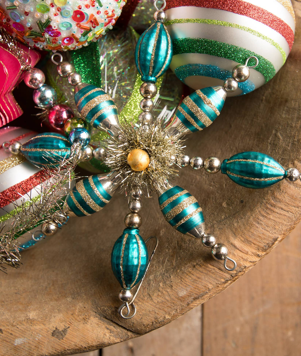 Turquoise Glass & Tinsel Starburst Ornament-1