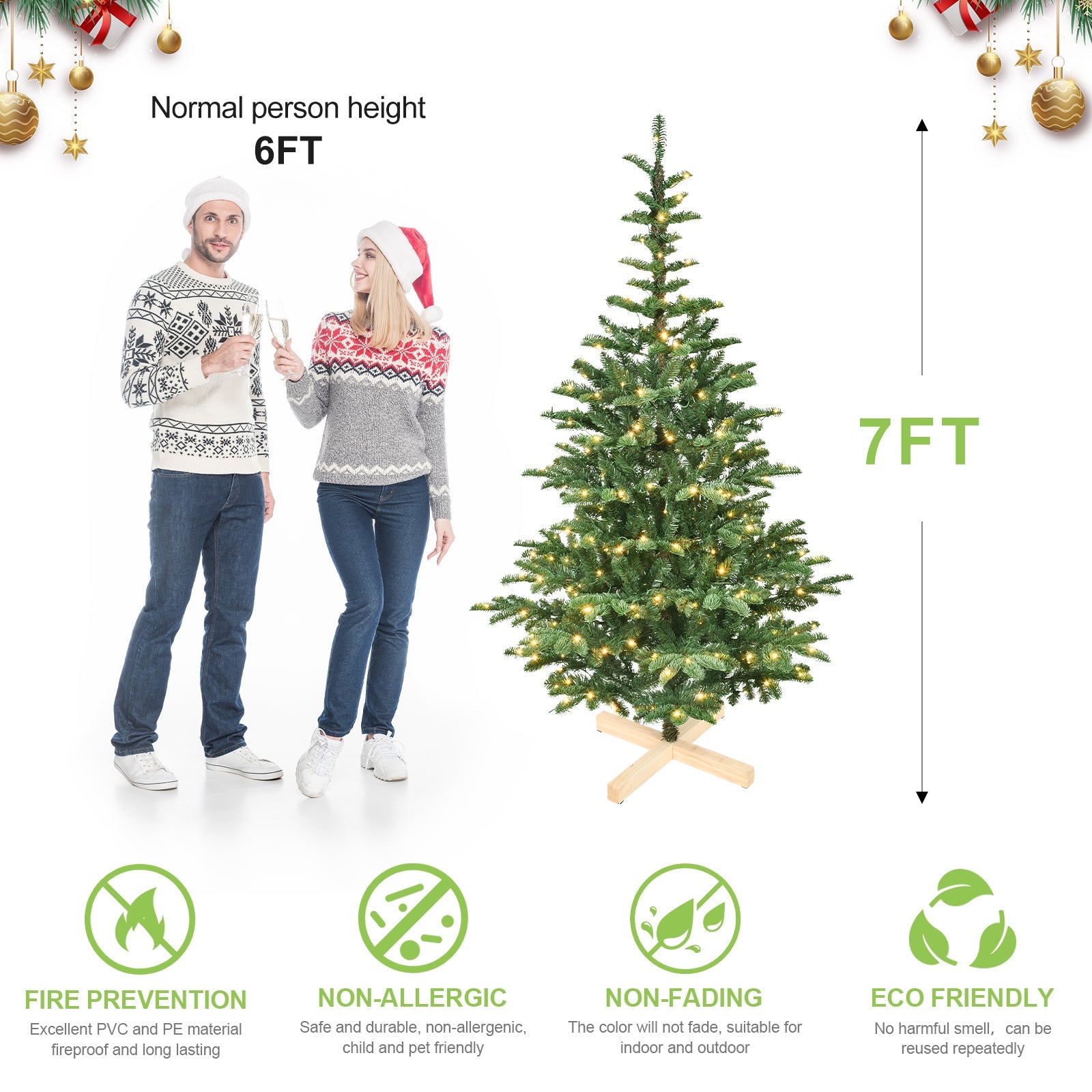 8ft Pre-Lit Christmas Tree with 500 Warm White LED Lights, 1307 PE+PVC