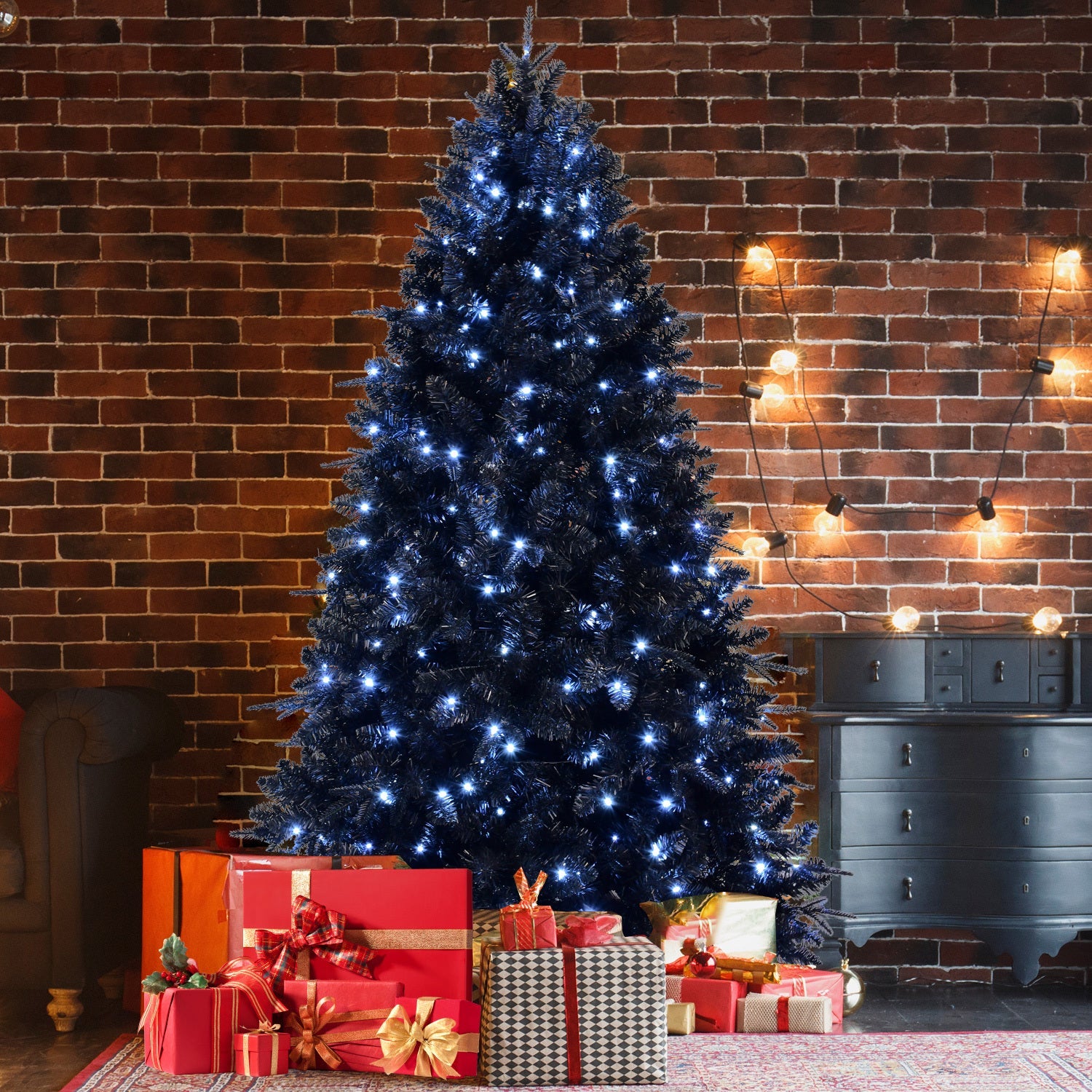 7.5ft Black Christmas Tree with 500 White LED Lights, 2156 Tips PE+PVC