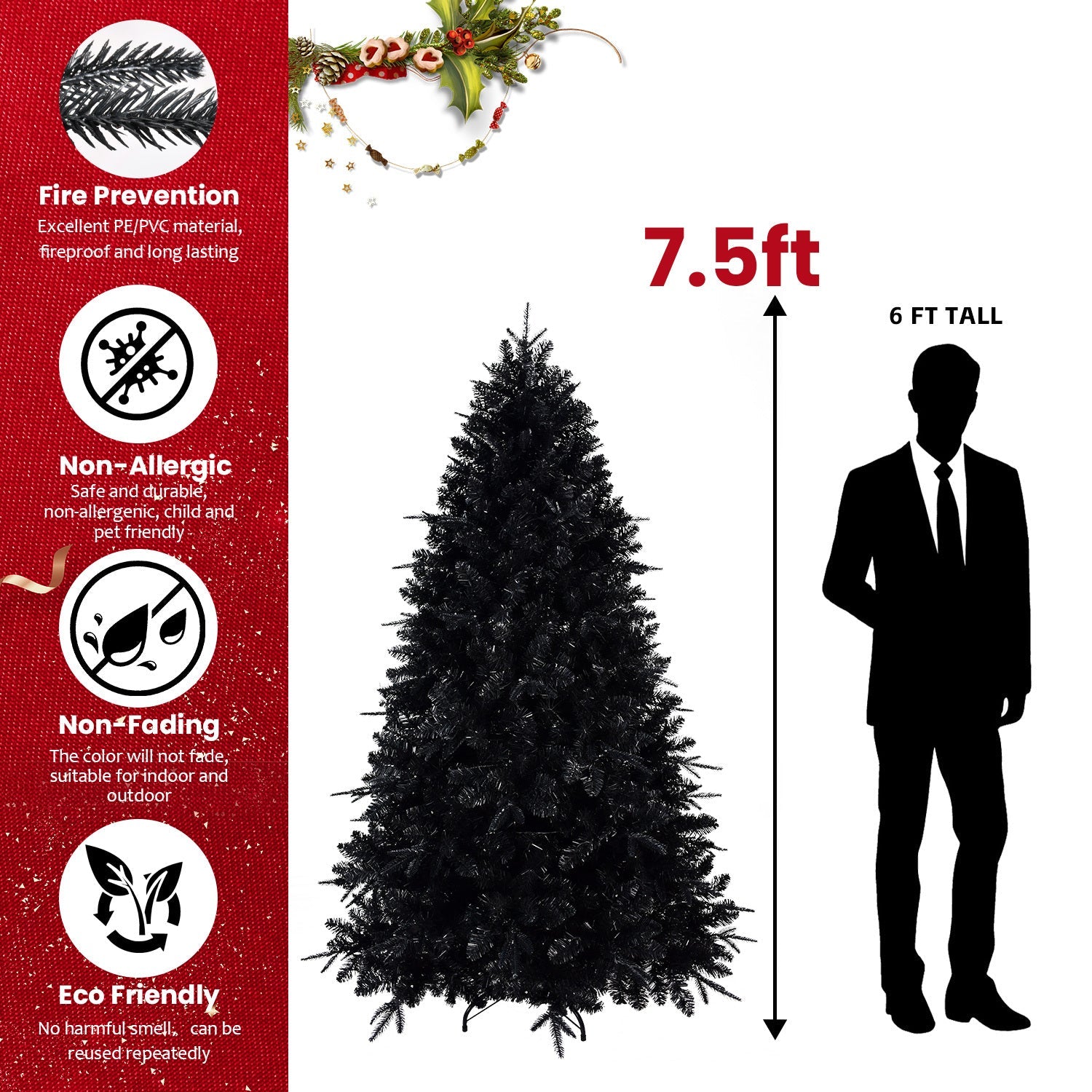 7.5ft Black Christmas Tree with 500 White LED Lights, 2156 Tips PE+PVC