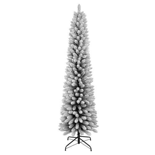 6FT Flocked Pencil Christmas Tree – Slim PVC Tree with 358 Snowy Tips,