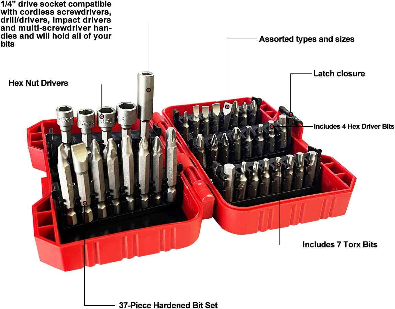 37 Piece Impact Screwdriver Bit Set Nut Driver Torx Phillips Tool