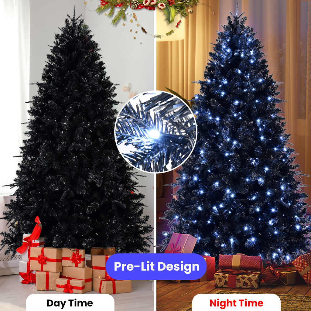 7.5ft Black Christmas Tree with 500 White LED Lights, 2156 Tips PE+PVC