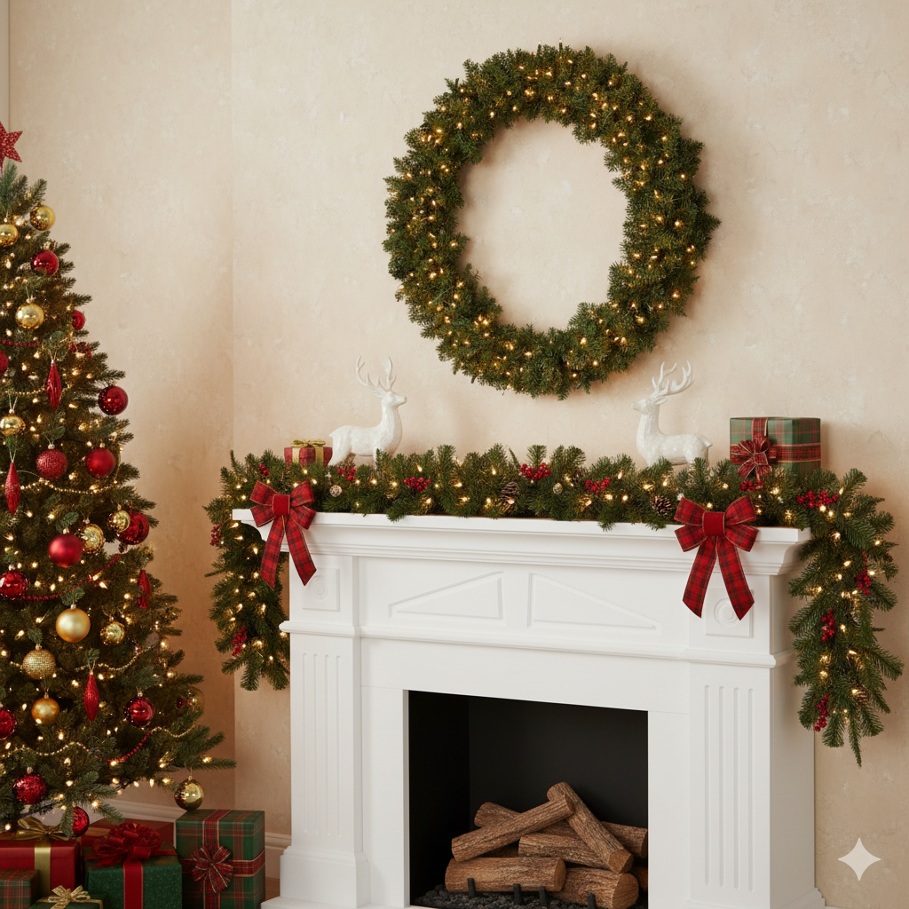 48" Pre-Lit Northern Pine Artificial Christmas Wreath with 200 Clear Lights – Indoor/Outdoor Holiday Decor