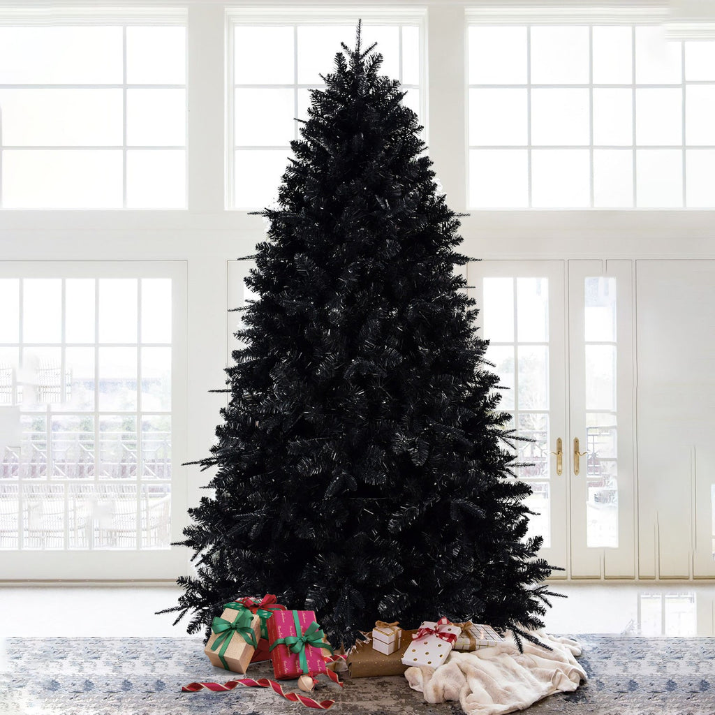 8ft Black Christmas Tree with 600 White LED Lights, 2486 Tips PE+PVC