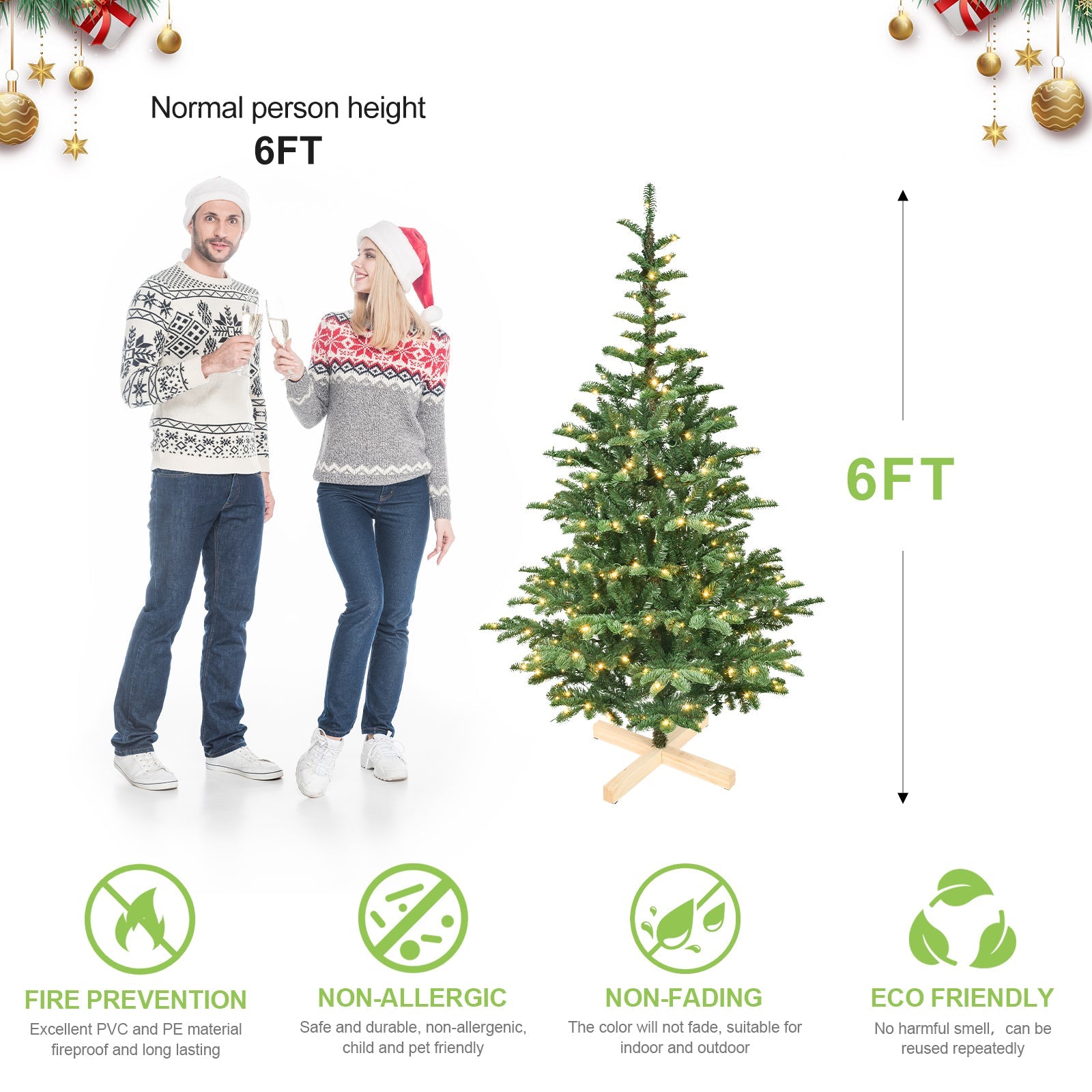 8ft Pre-Lit Christmas Tree with 500 Warm White LED Lights, 1307 PE+PVC