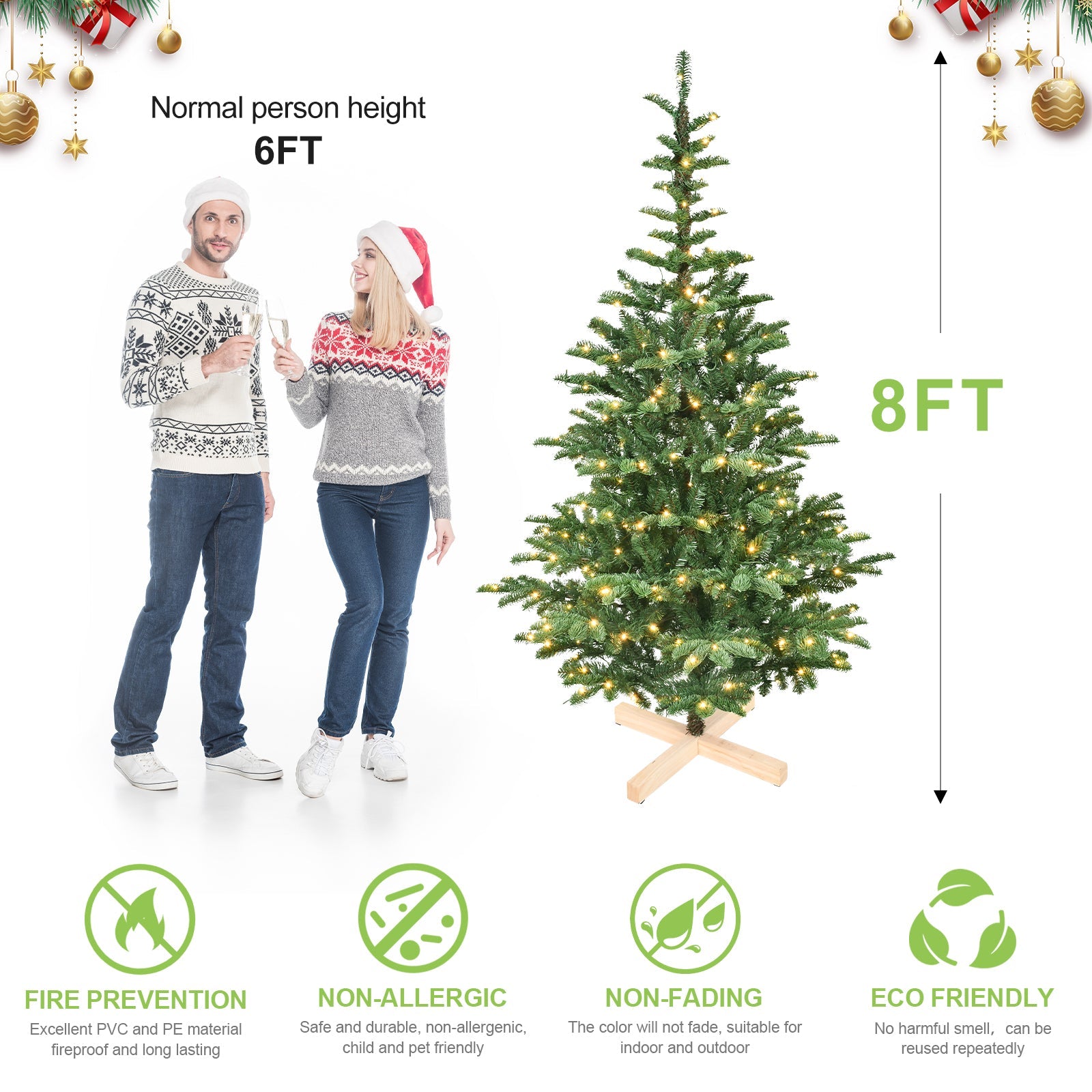 8ft Pre-Lit Christmas Tree with 500 Warm White LED Lights, 1307 PE+PVC