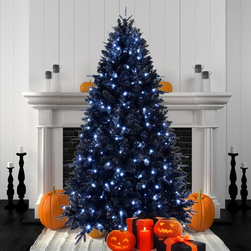 7.5ft Black Christmas Tree with 500 White LED Lights, 2156 Tips PE+PVC